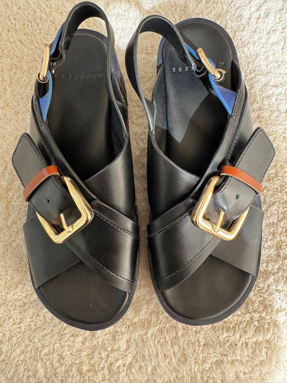 4CCCCEES Black & Navy Platform Sandals | Gold Buckles | Size 38